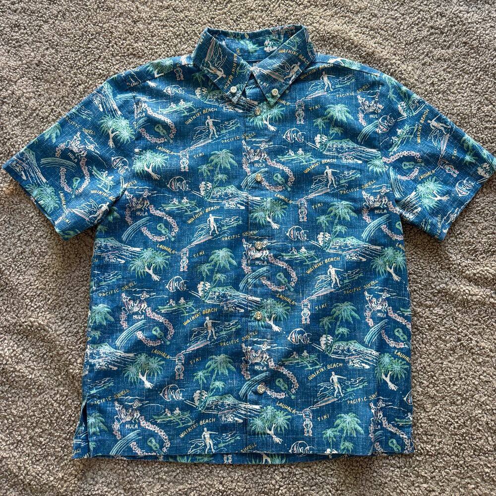 Reyn Spooner Boy's One Fine Day Vallarta Blue Full Button Shirt Hawaiian Sz L